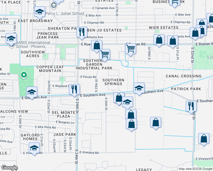 map of restaurants, bars, coffee shops, grocery stores, and more near 5820 South 26th Place in Phoenix