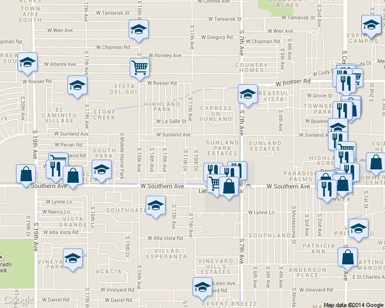 map of restaurants, bars, coffee shops, grocery stores, and more near 5634 South 10th Drive in Phoenix