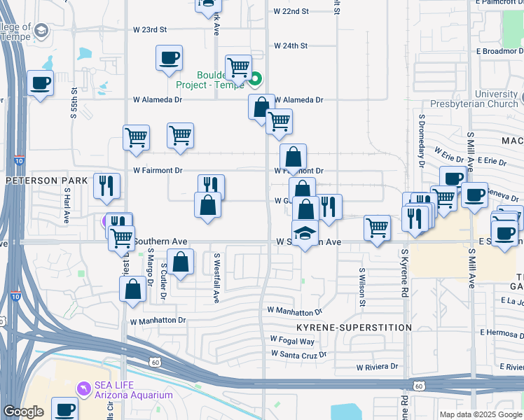 map of restaurants, bars, coffee shops, grocery stores, and more near 1005 West Geneva Drive in Tempe