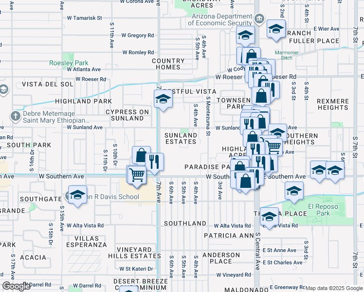 map of restaurants, bars, coffee shops, grocery stores, and more near 5637 South 5th Drive in Phoenix