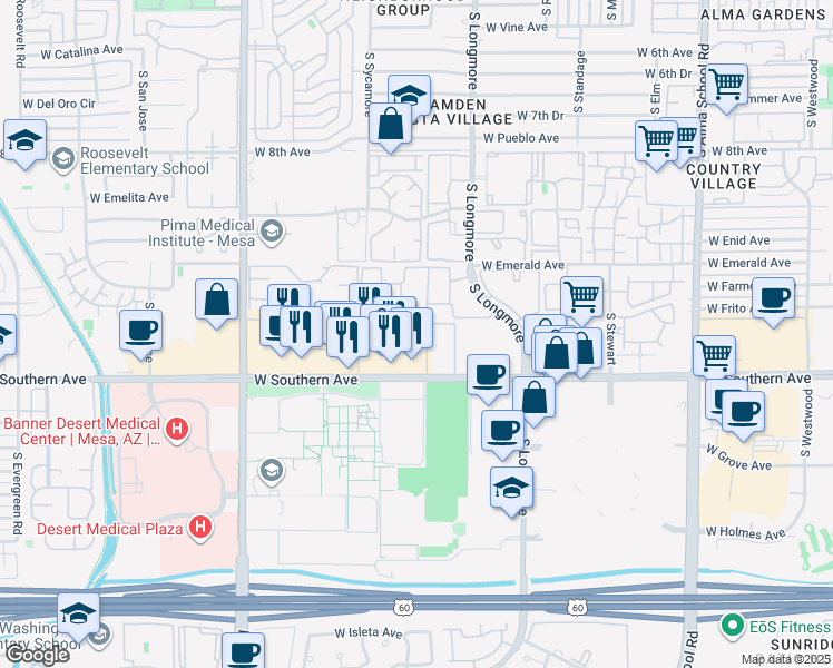 map of restaurants, bars, coffee shops, grocery stores, and more near 1101 South Sycamore in Mesa