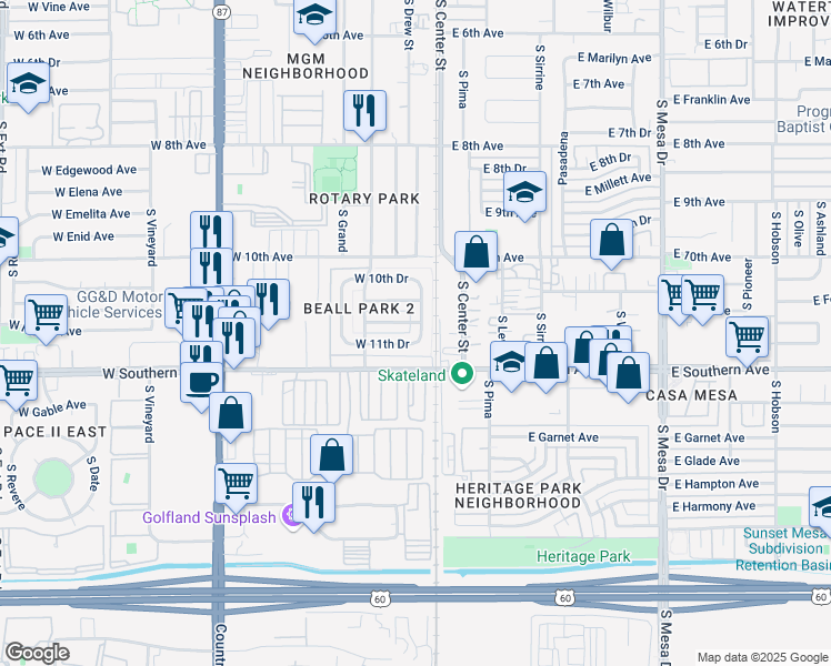 map of restaurants, bars, coffee shops, grocery stores, and more near 1124 South Drew Street in Mesa
