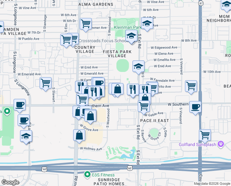 map of restaurants, bars, coffee shops, grocery stores, and more near 960 West Southern Avenue in Mesa