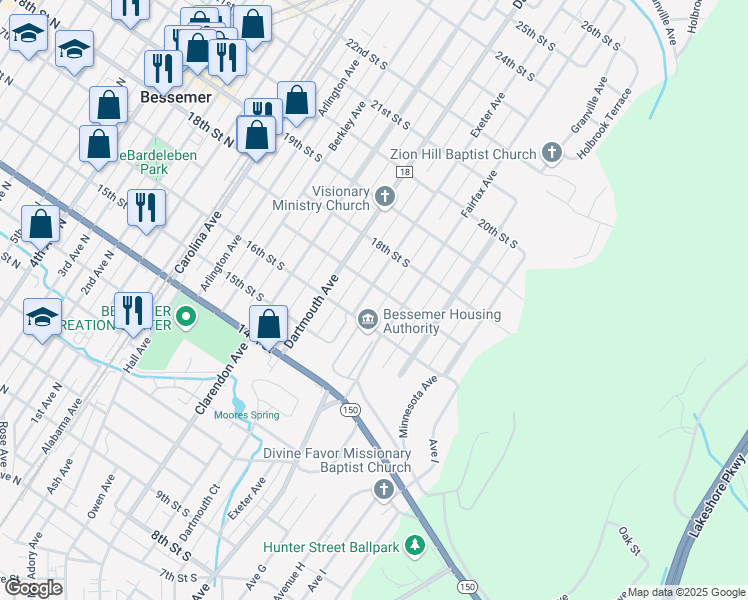 map of restaurants, bars, coffee shops, grocery stores, and more near 1621 Exeter Avenue in Bessemer
