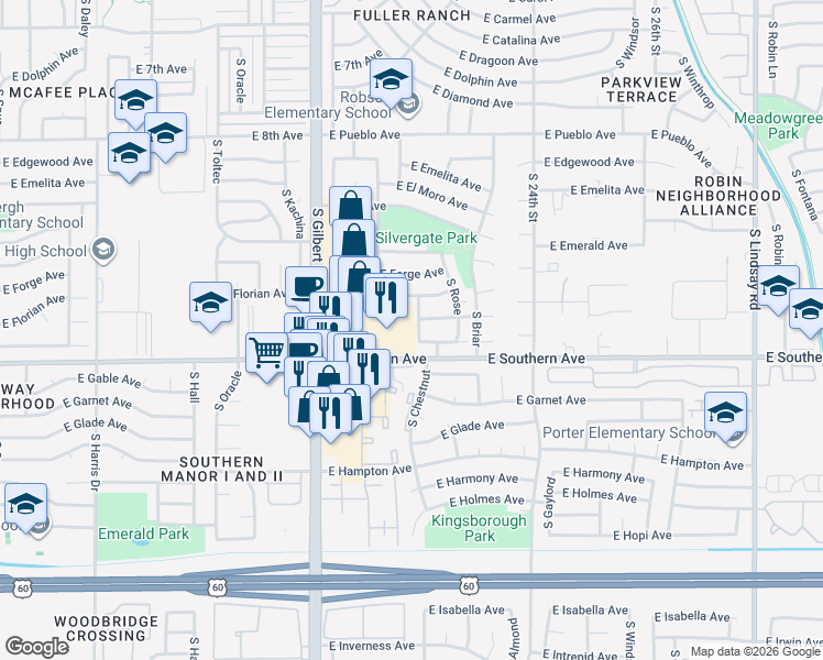 map of restaurants, bars, coffee shops, grocery stores, and more near 1140 South Chestnut in Mesa