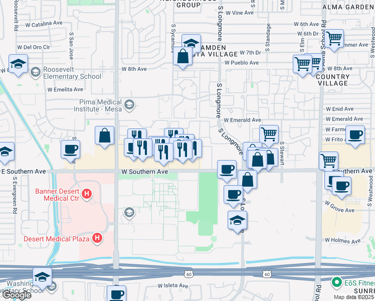 map of restaurants, bars, coffee shops, grocery stores, and more near 1101 South Sycamore in Mesa