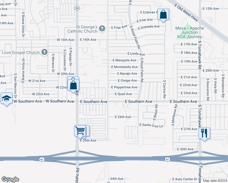 map of restaurants, bars, coffee shops, grocery stores, and more near 404 East Quail Avenue in Apache Junction