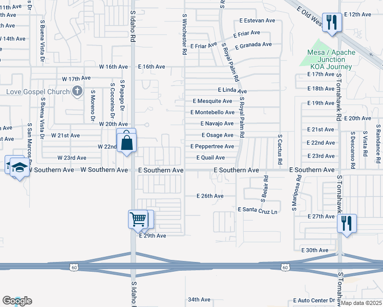 map of restaurants, bars, coffee shops, grocery stores, and more near 404 East Quail Avenue in Apache Junction