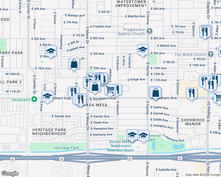 map of restaurants, bars, coffee shops, grocery stores, and more near 544 East Southern Avenue in Mesa