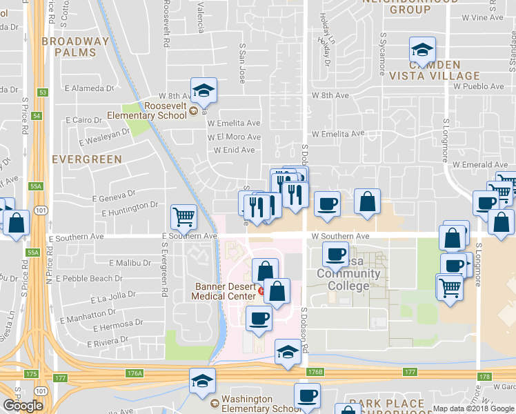 map of restaurants, bars, coffee shops, grocery stores, and more near 1111 South San Jose in Mesa