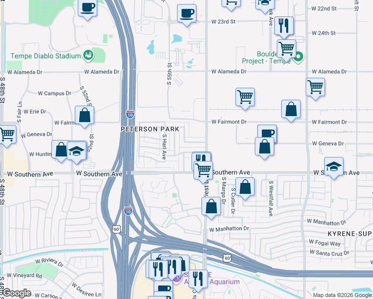 map of restaurants, bars, coffee shops, grocery stores, and more near 1506 West Huntington Drive in Tempe