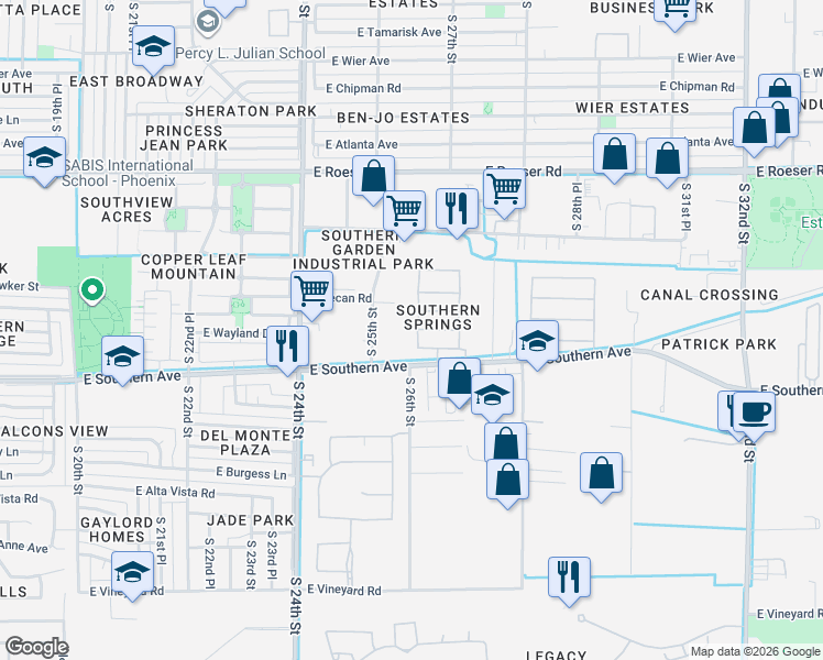 map of restaurants, bars, coffee shops, grocery stores, and more near 5820 South 26th Place in Phoenix
