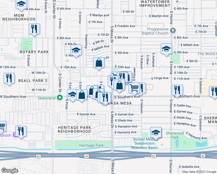 map of restaurants, bars, coffee shops, grocery stores, and more near 1126 South Mesa Drive in Mesa
