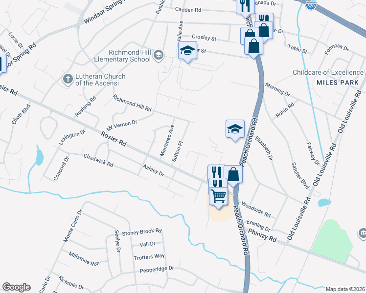 map of restaurants, bars, coffee shops, grocery stores, and more near 3416 Sutton Place in Augusta