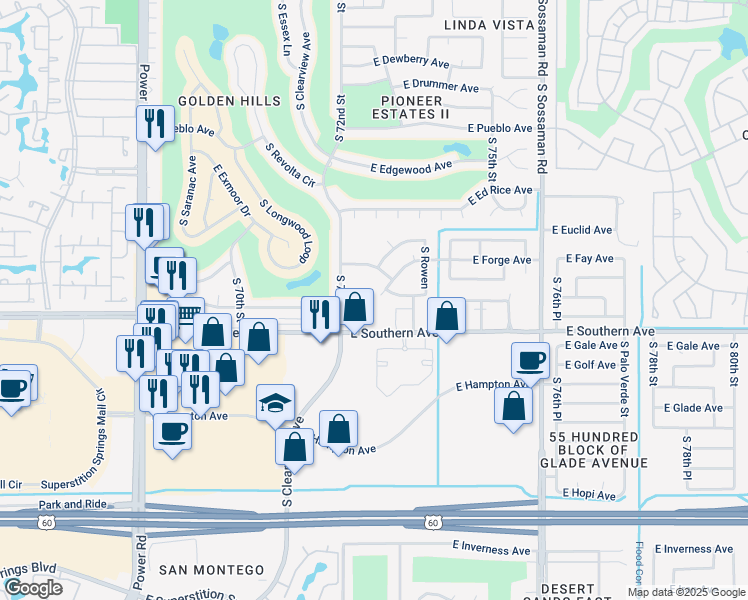 map of restaurants, bars, coffee shops, grocery stores, and more near 7245 East Forge Circle in Mesa