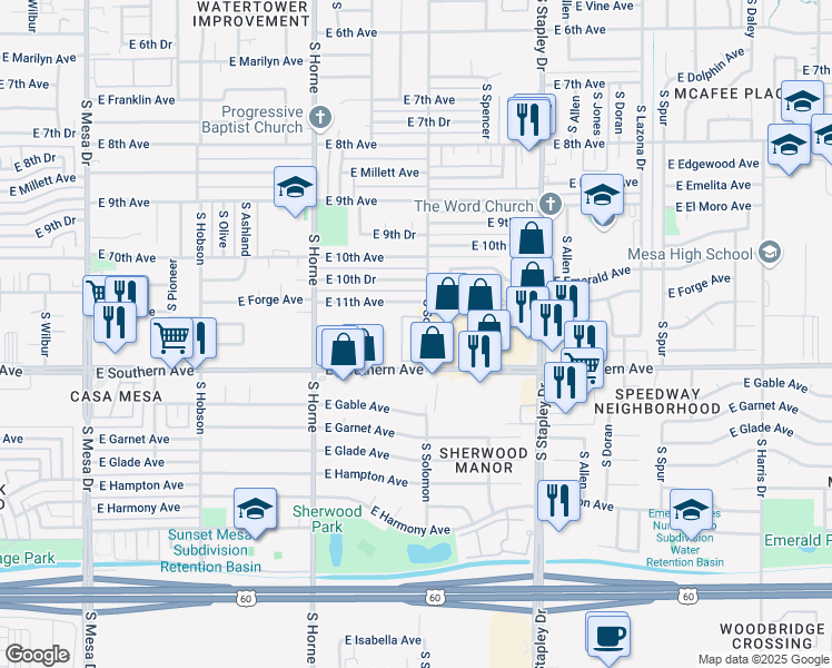 map of restaurants, bars, coffee shops, grocery stores, and more near 950 East Southern Avenue in Mesa