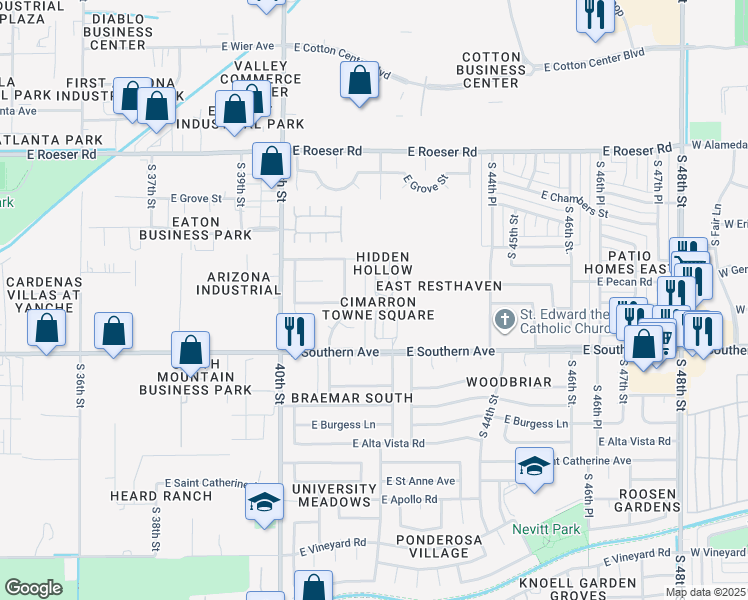 map of restaurants, bars, coffee shops, grocery stores, and more near 4155 East Wayland Road in Phoenix