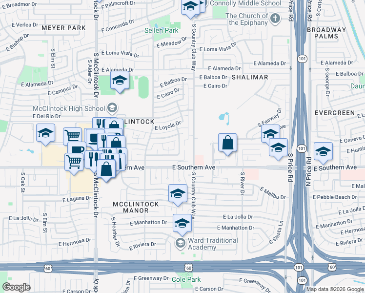 map of restaurants, bars, coffee shops, grocery stores, and more near 3227 S Kenwood Ln in Tempe