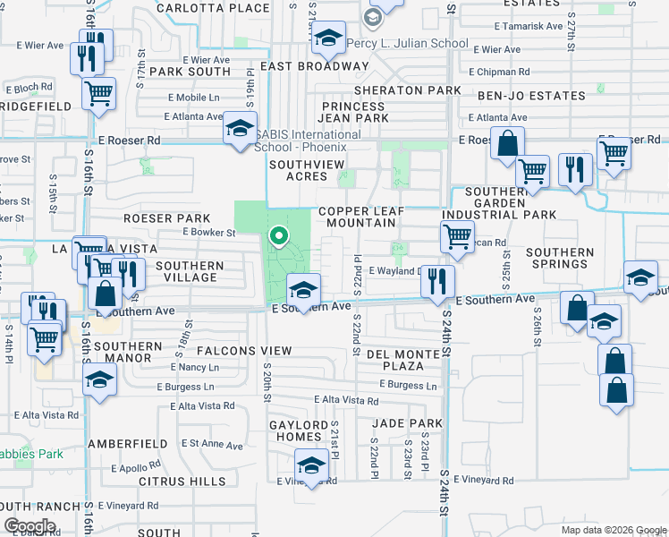 map of restaurants, bars, coffee shops, grocery stores, and more near 5721 South 21st Terrace in Phoenix
