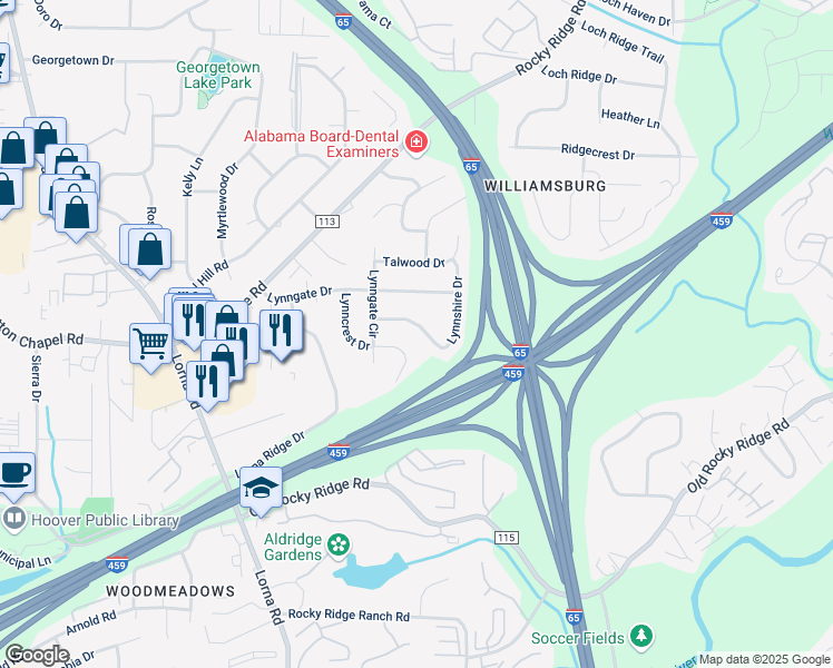 map of restaurants, bars, coffee shops, grocery stores, and more near 2228 Lynnchester Circle in Birmingham