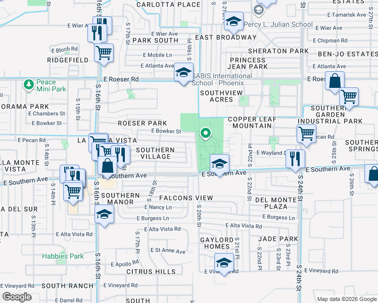 map of restaurants, bars, coffee shops, grocery stores, and more near 5617 S 19th Pl in Phoenix