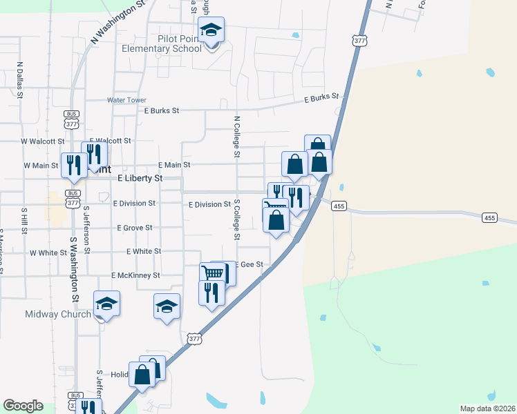 map of restaurants, bars, coffee shops, grocery stores, and more near 216 Point Circle in Pilot Point