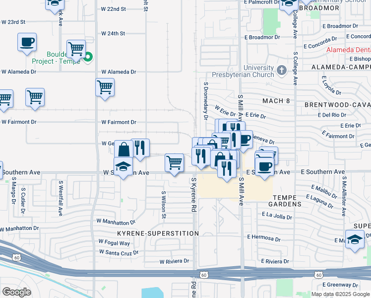 map of restaurants, bars, coffee shops, grocery stores, and more near 3207 South Wilson Street in Tempe