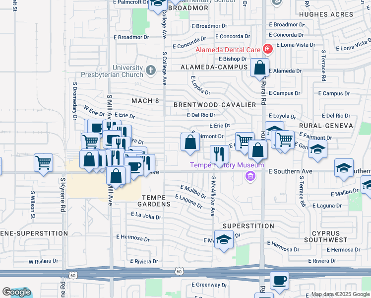 map of restaurants, bars, coffee shops, grocery stores, and more near 403 East Geneva Drive in Tempe