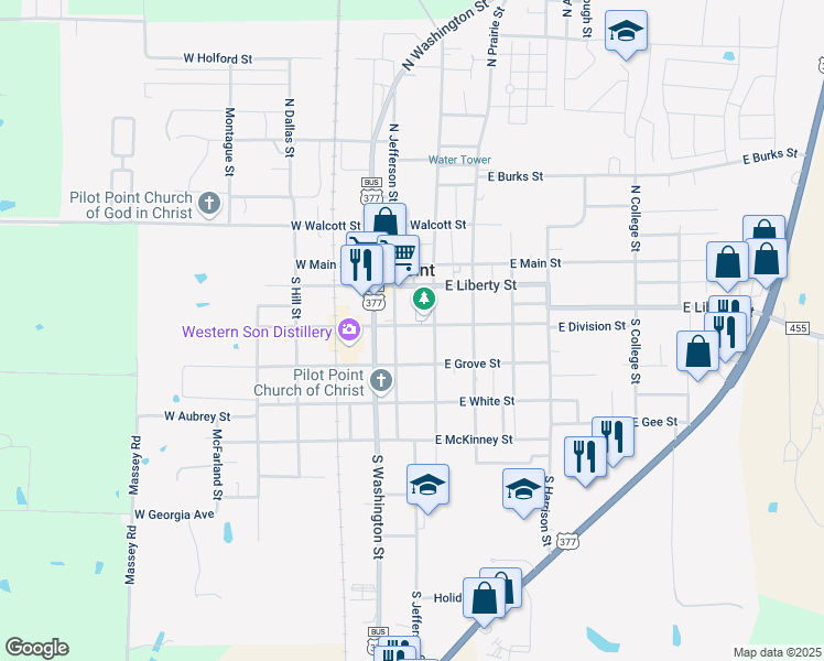 map of restaurants, bars, coffee shops, grocery stores, and more near 113 East Division Street in Pilot Point