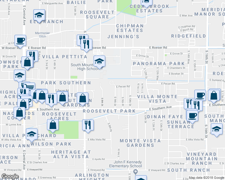 map of restaurants, bars, coffee shops, grocery stores, and more near 5630 South 9th Street in Phoenix