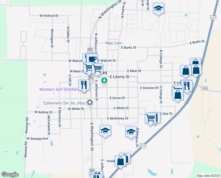 map of restaurants, bars, coffee shops, grocery stores, and more near 211 East Division Street in Pilot Point