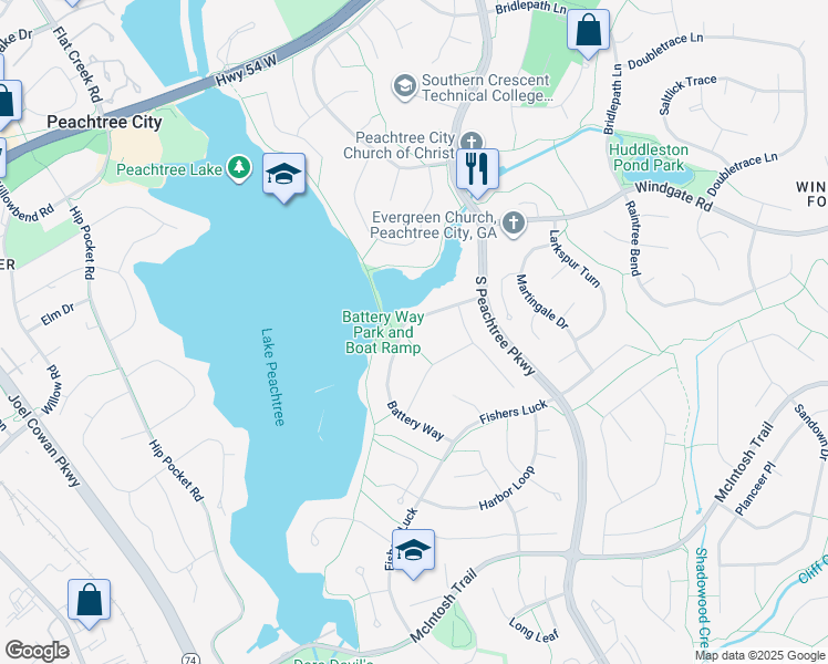 map of restaurants, bars, coffee shops, grocery stores, and more near 109 Battery Way in Peachtree City