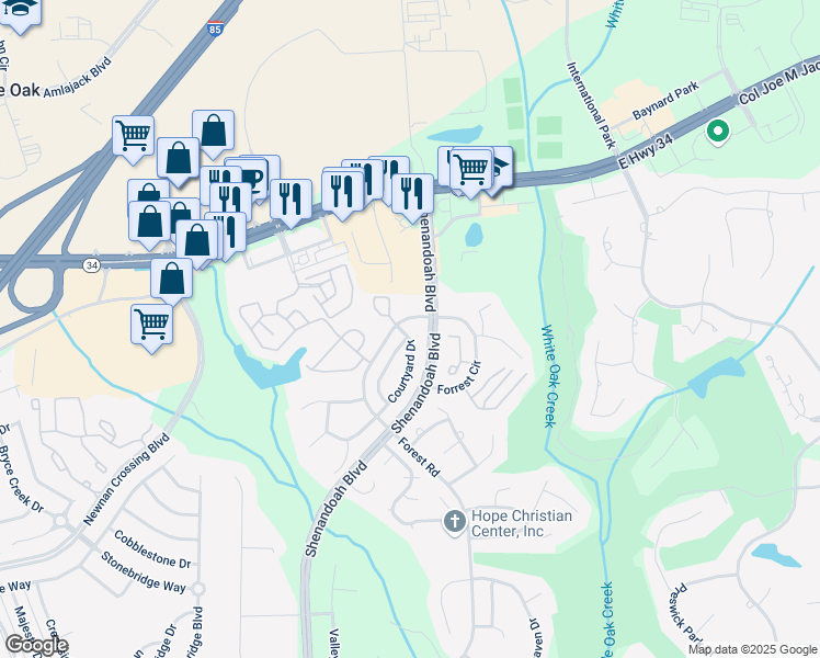 map of restaurants, bars, coffee shops, grocery stores, and more near 30 Courtyard Drive in Newnan