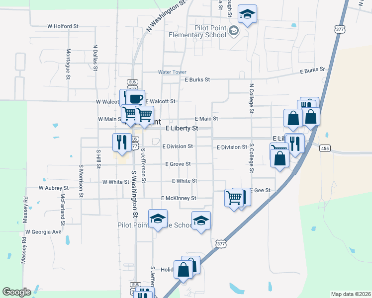 map of restaurants, bars, coffee shops, grocery stores, and more near 311 East Division Street in Pilot Point