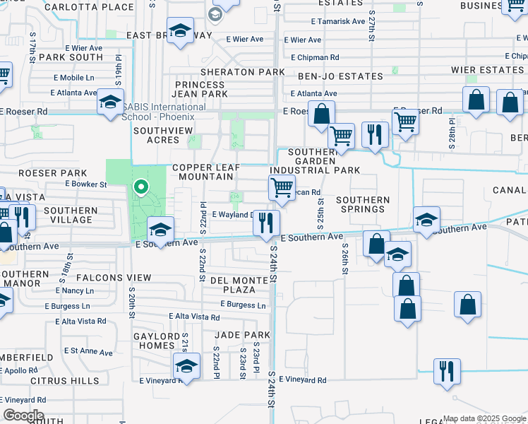 map of restaurants, bars, coffee shops, grocery stores, and more near 2344 East Wayland Drive in Phoenix