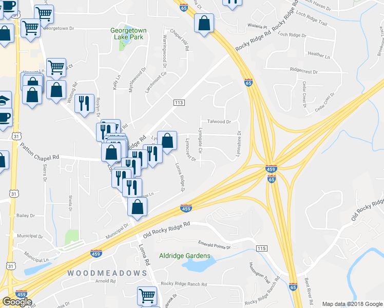 map of restaurants, bars, coffee shops, grocery stores, and more near 3515 Lynncrest Drive in Birmingham