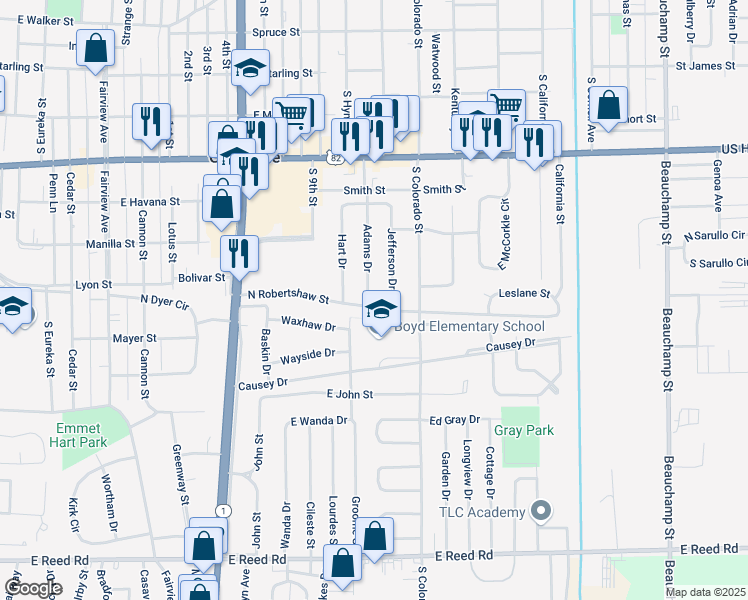 map of restaurants, bars, coffee shops, grocery stores, and more near 898 Adams Drive in Greenville
