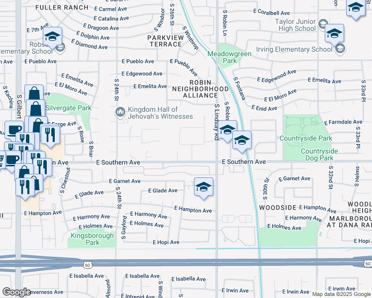 map of restaurants, bars, coffee shops, grocery stores, and more near 1139 South Lyn Rae Square in Mesa