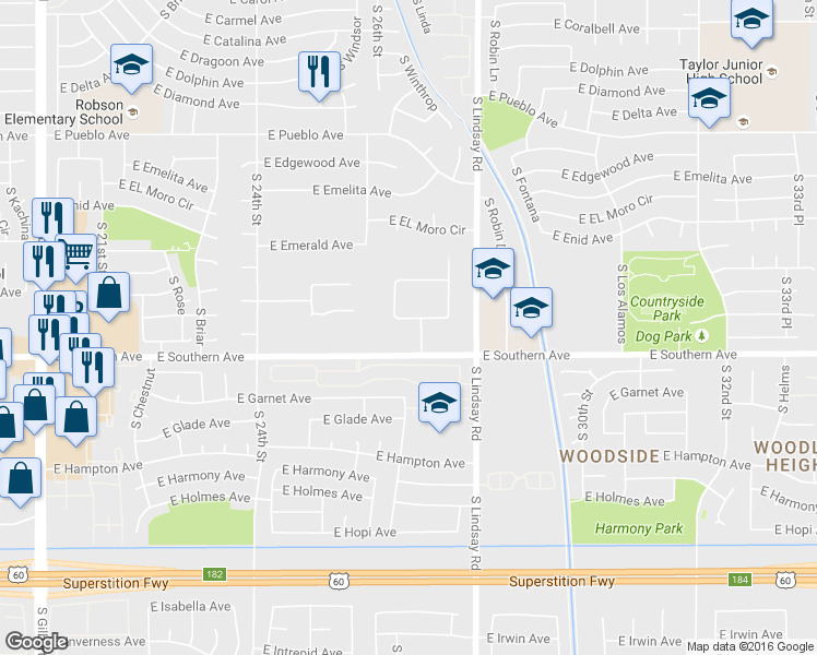 map of restaurants, bars, coffee shops, grocery stores, and more near 1139 South Lyn Rae Square in Mesa