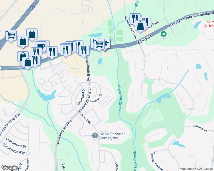 map of restaurants, bars, coffee shops, grocery stores, and more near 8 Forest Circle in Newnan