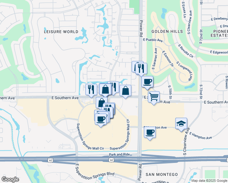 map of restaurants, bars, coffee shops, grocery stores, and more near 232 Leisure World in Mesa