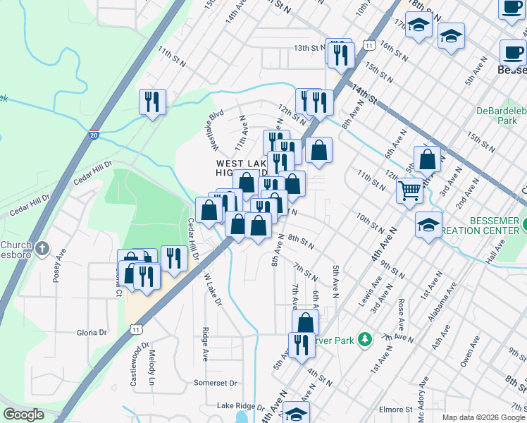 map of restaurants, bars, coffee shops, grocery stores, and more near 825 9th Avenue North in Bessemer