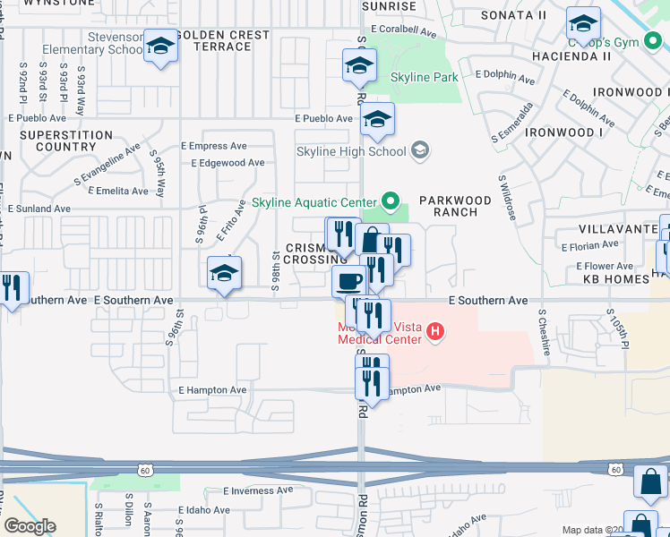 map of restaurants, bars, coffee shops, grocery stores, and more near 1129 South Amandes in Mesa