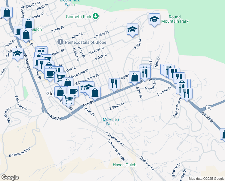 map of restaurants, bars, coffee shops, grocery stores, and more near 905 East Ash Street in Globe