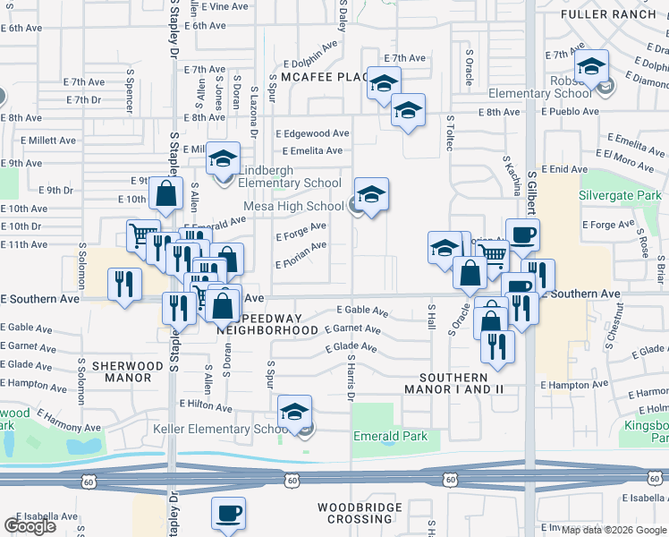 map of restaurants, bars, coffee shops, grocery stores, and more near 1132 South Daley in Mesa