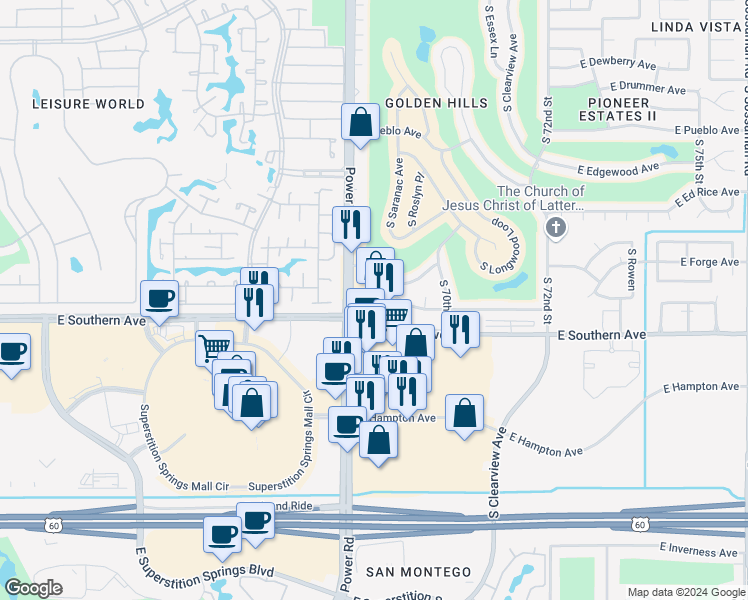 map of restaurants, bars, coffee shops, grocery stores, and more near 1165 South Power Road in Mesa