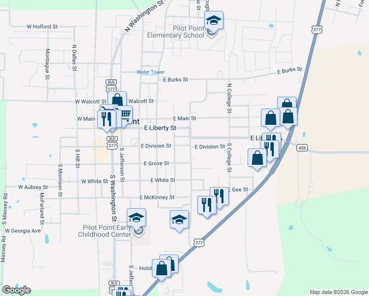 map of restaurants, bars, coffee shops, grocery stores, and more near 409 East Division Street in Pilot Point