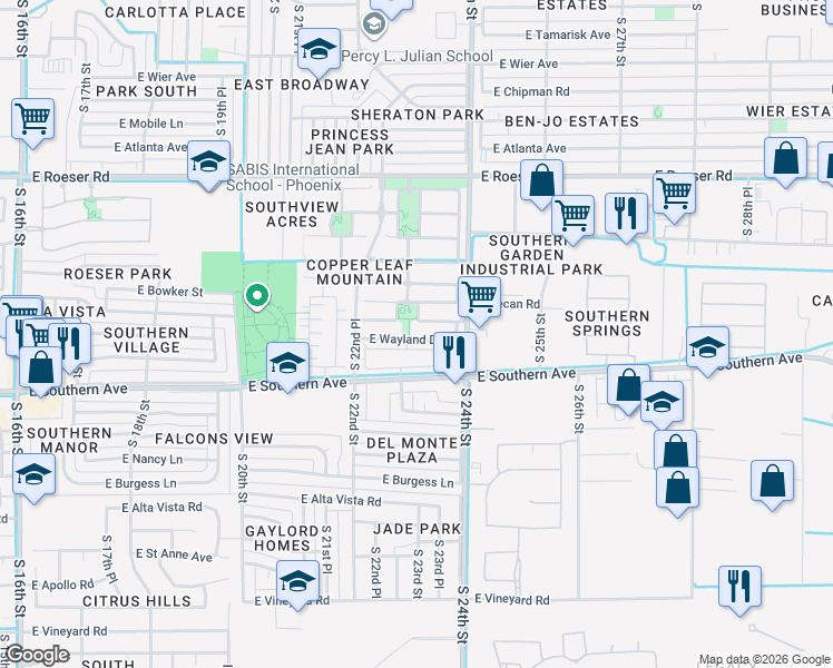 map of restaurants, bars, coffee shops, grocery stores, and more near 2308 East Wayland Drive in Phoenix