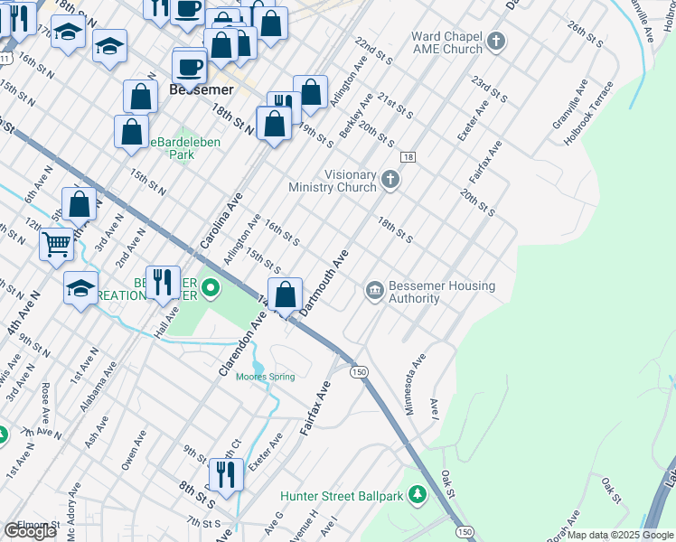 map of restaurants, bars, coffee shops, grocery stores, and more near 417 16th St S in Bessemer