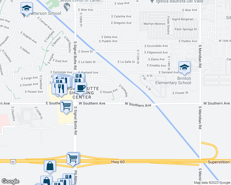 map of restaurants, bars, coffee shops, grocery stores, and more near 11039 East Flower Avenue in Mesa